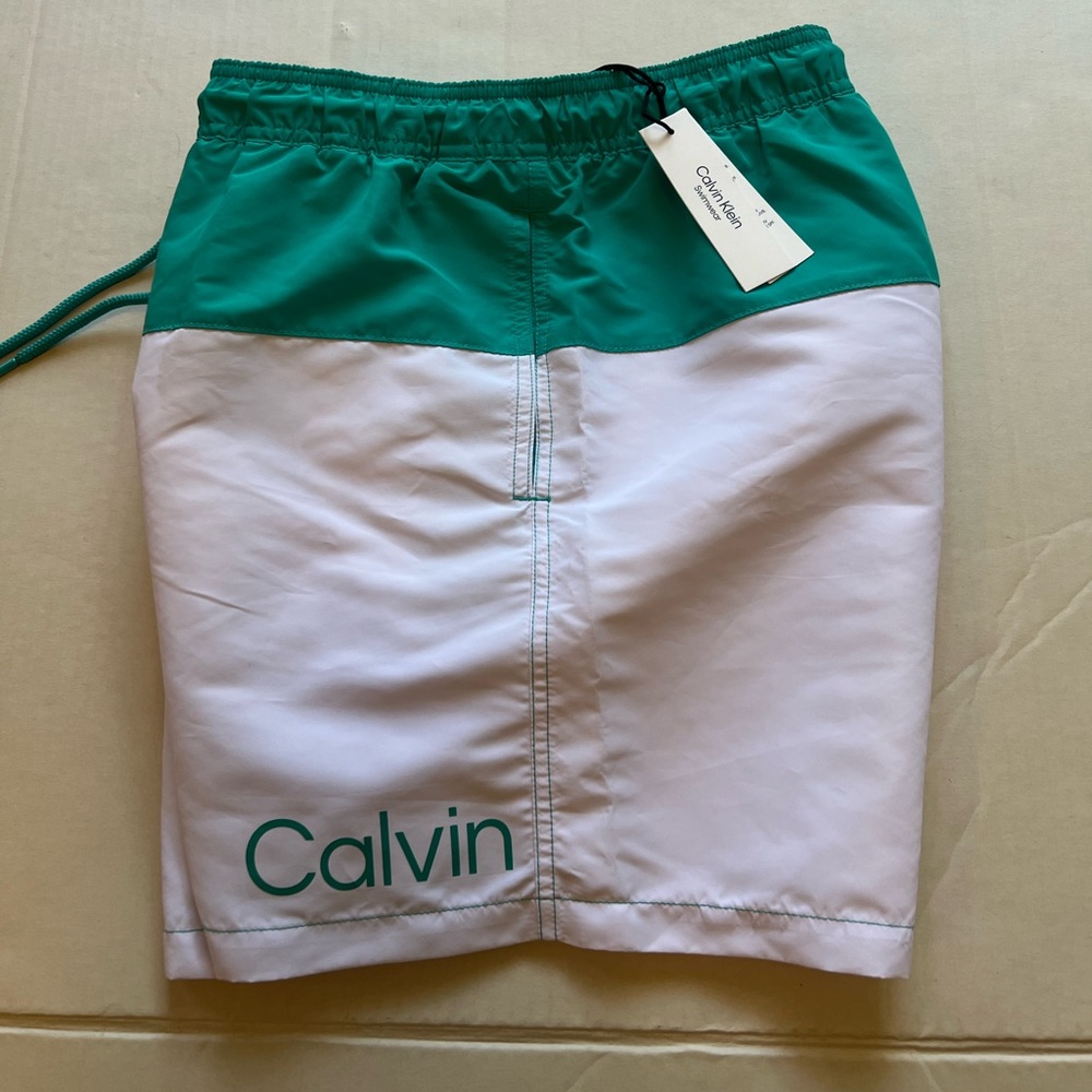 Calvin Klein Teal and White Swim Trunks